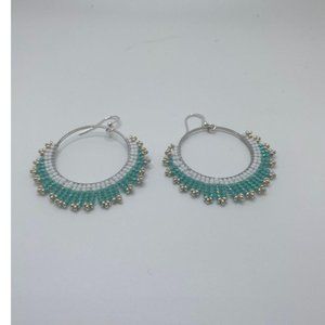 Turquoise, white and silver beaded hoop earrings